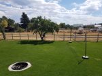 Side yard with fire pit and volleyball net